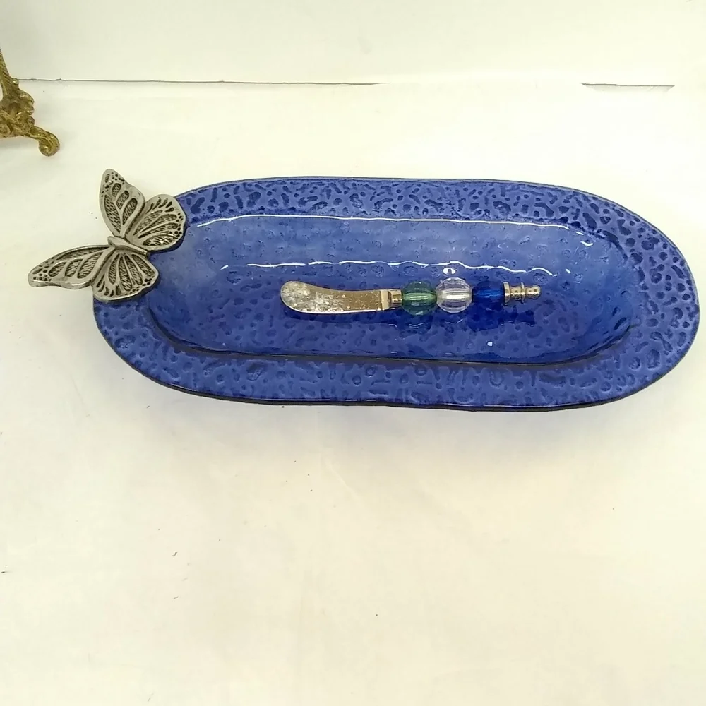 CYPRESS Server Cobalt Blue Glass Oval Platter  with Gemstone Spreader